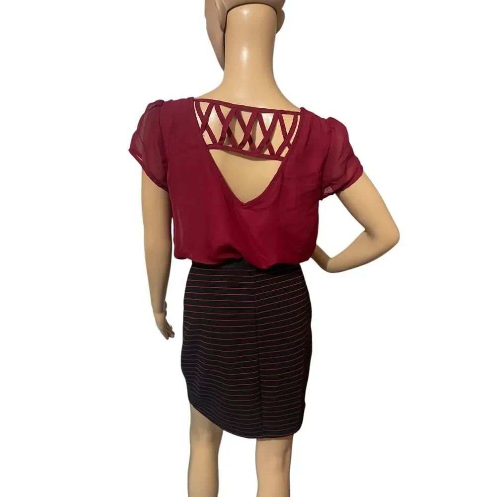Speechless Burgundy Striped Dress Lattice Back Detail Office Cocktail Party‎  M - Picture 2 of 10